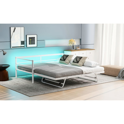 Twin Size, Metal Daybed, Led, Trundle, White, Braces On Solid Bed Frame Adjustable Decorative Bed, High Weight Capacity Support