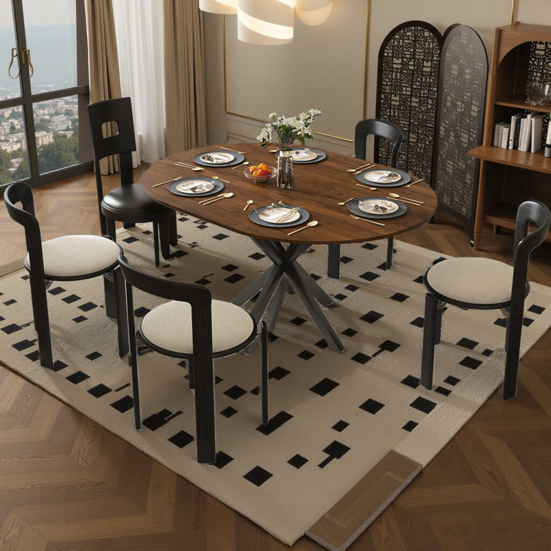 Table de salle à manger extensible ronde pour 6 personnes avec placage en noyer et base en acier au carbone KELVIO
