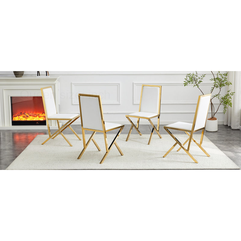 4-Pack Metal Framed PU Dining Chairs, 4, White, Gold