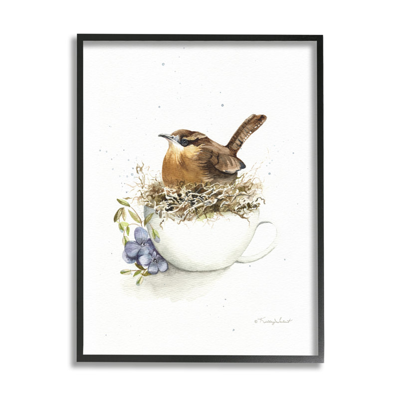 "Bird Bird Nest In Teacup" encadré sur bois par Kelley Talent, impression, H 14 po x l 11 po x P 1,5 po