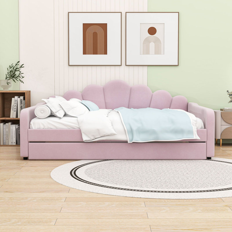Grand lit de jour en velours avec dossier coquille festonnée et couchette, Rose