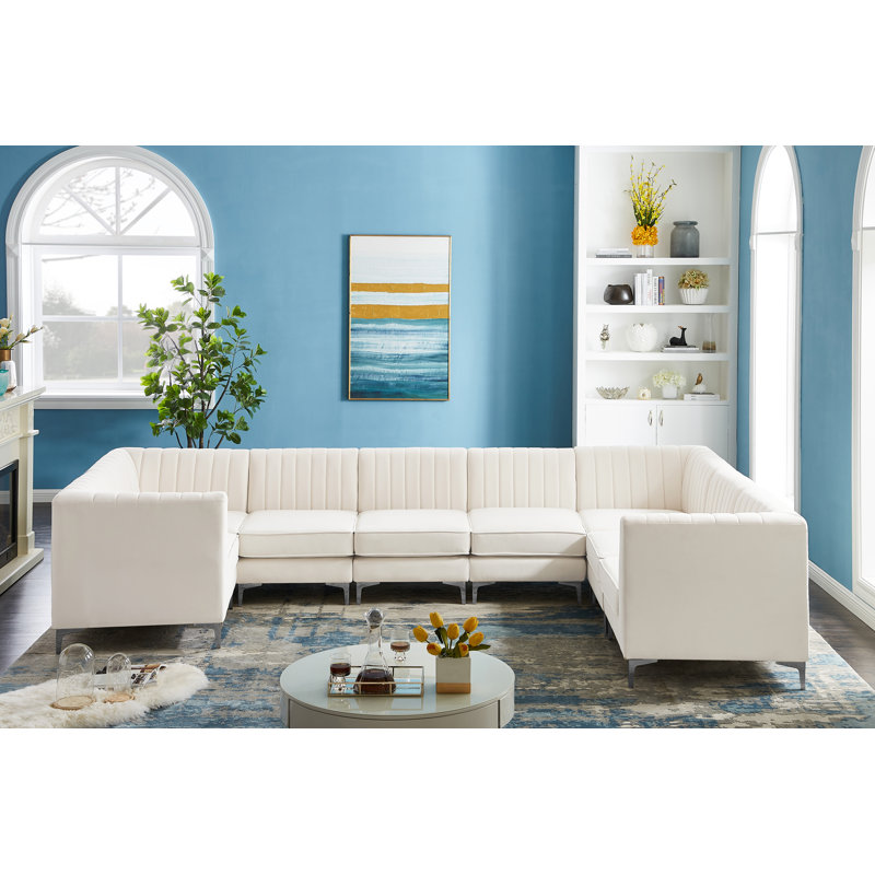 Canapé modulaire en velours réversible de 145 po de largeur Enson, Velours crème