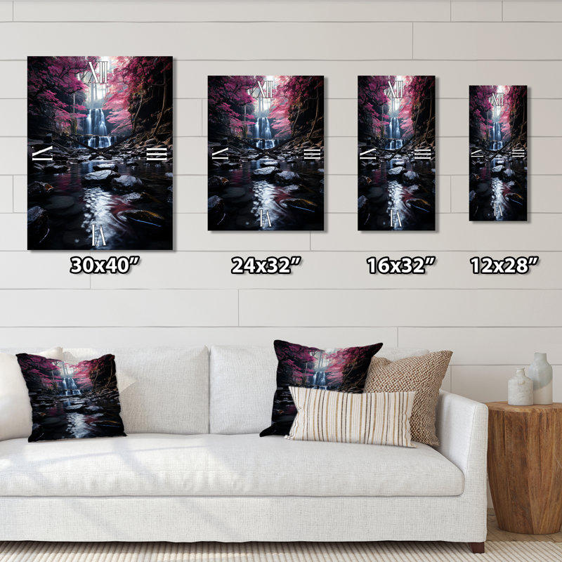 Horloge murale surdimensionnée Pink Tree Waterfall Uncharted Journey I, Médium