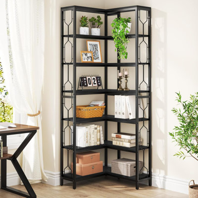 7-Tier L-Shaped Corner Bookshelf, Black Metal Frame Wood Shelves with Hexagonal Side Railings, Freestanding Tall Storage Display Shelf for Living Room Bedroom Home Office
