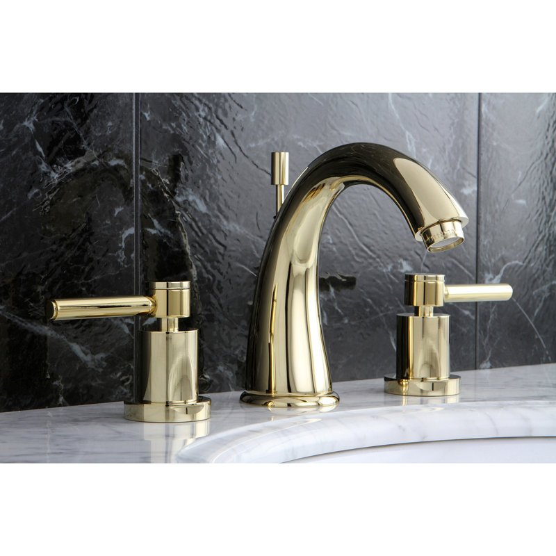 Kingston Brass Concord Two-Handle 3-Hole Deck Mount Widespread Bathroom Faucet with Brass Pop-Up Drain, Polished Brass