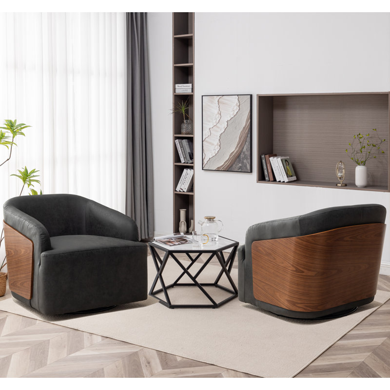 Fauteuil demi-tonneau rotatif en simili cuir Andretta, Noir, noir, noir, noir