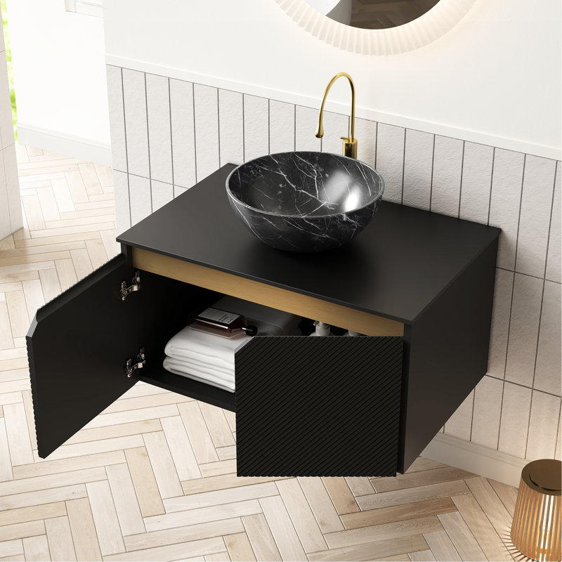 Meuble-lavabo de 30 po avec lavabo en céramique et pierre noire, surface frittée, détails en métal exquis en sergé, système de fermeture en douceur, fabrication en contreplaqué