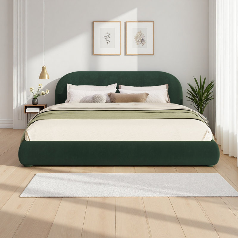 Lit tapissier en tissu, lit double simple pour chambre moderne, Très grand, Vert foncé