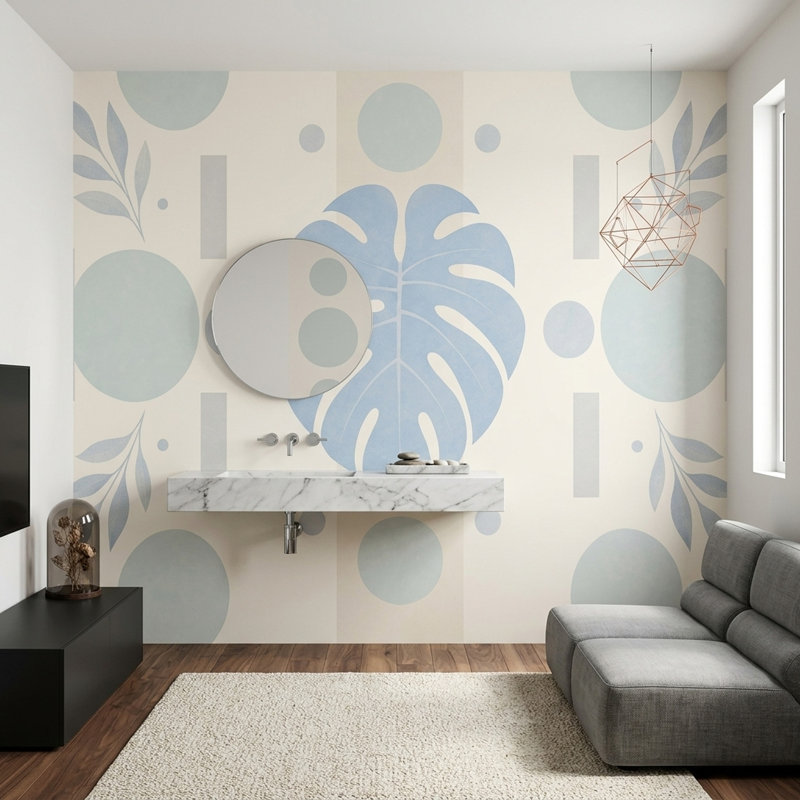 Fresque murale Monstera bleu clair sauge géométrique botanique moderne et minimaliste, 140 po x 108 po, Peler et coller
