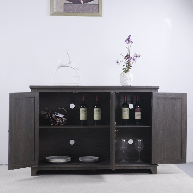 Buffet de comptoir 49,33 po x 15,55 po avec 3 portes miroir et 3 tablettes en miroir, Marron foncé