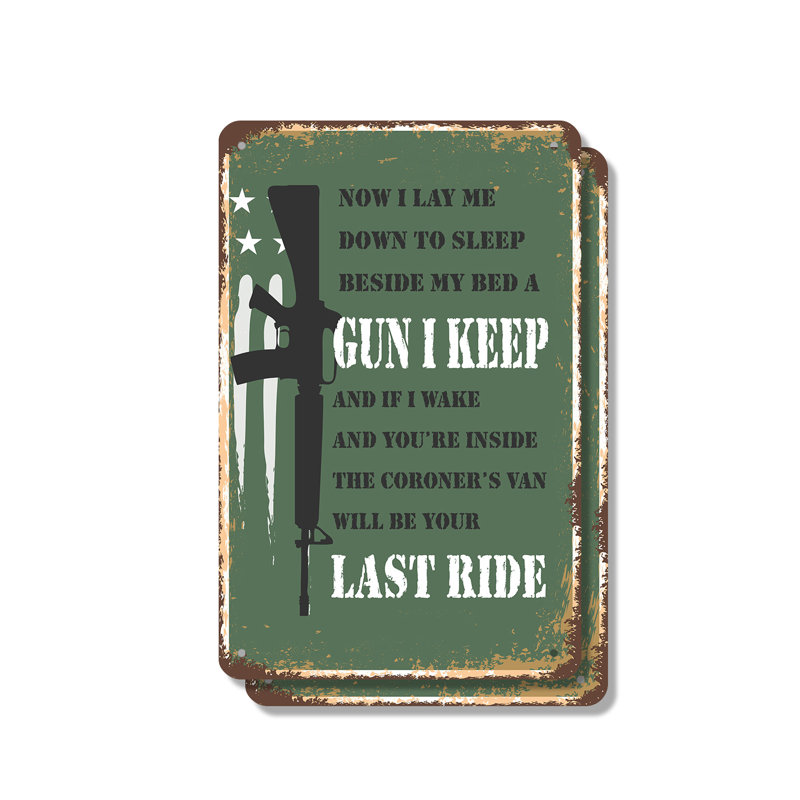 Enseigne en aluminium «Beside My Bed a Gun I Keep» (paquet de 2) 7 po x 10 po