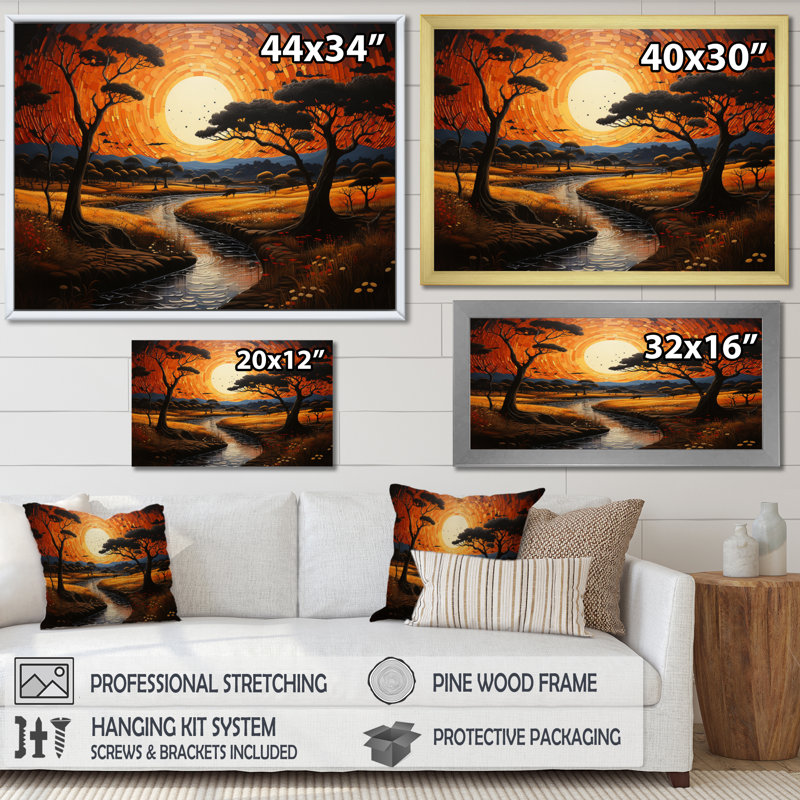 Coucher de soleil tribal africain VI - impressions d'art tribal africain, H 24 po x l 32 po x P 1 po, Cadre photo blanc