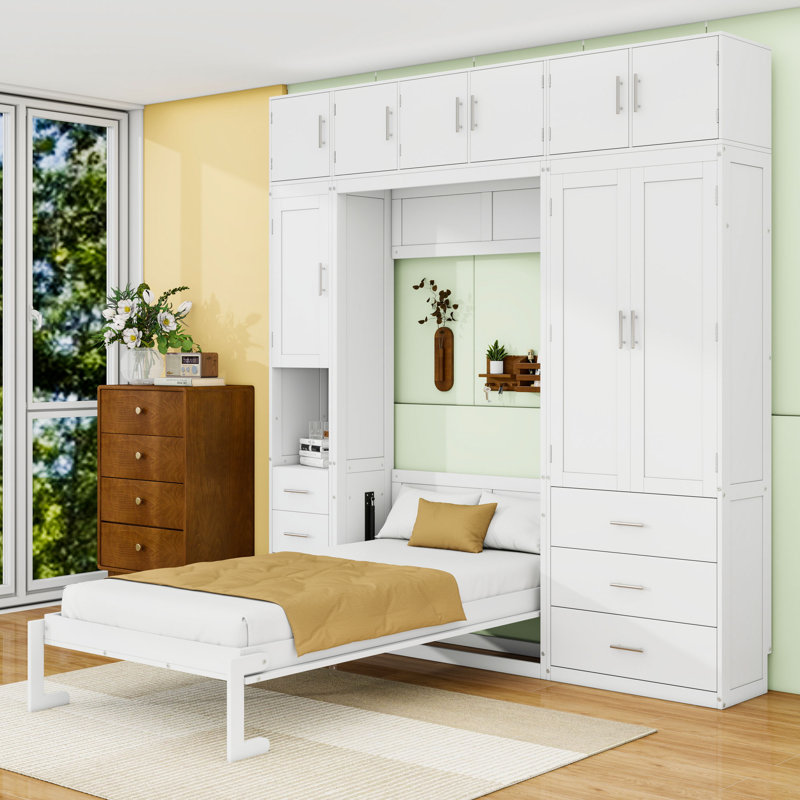 Murphy Bed with Storage Drawers, Shelves and Wardrobes, Twin