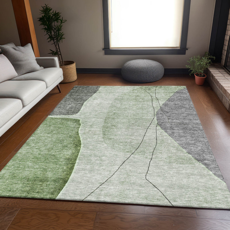 Premium Machine Washable Prisco Green Rug, Rectangle 9' x 12'