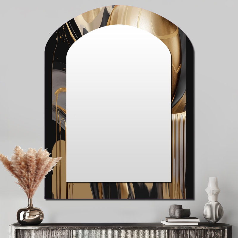 Or et noir captivant marbre IV - grand miroir asymétrique en marbre, miroir mural décoratif arche moderne, impression d'art en métal