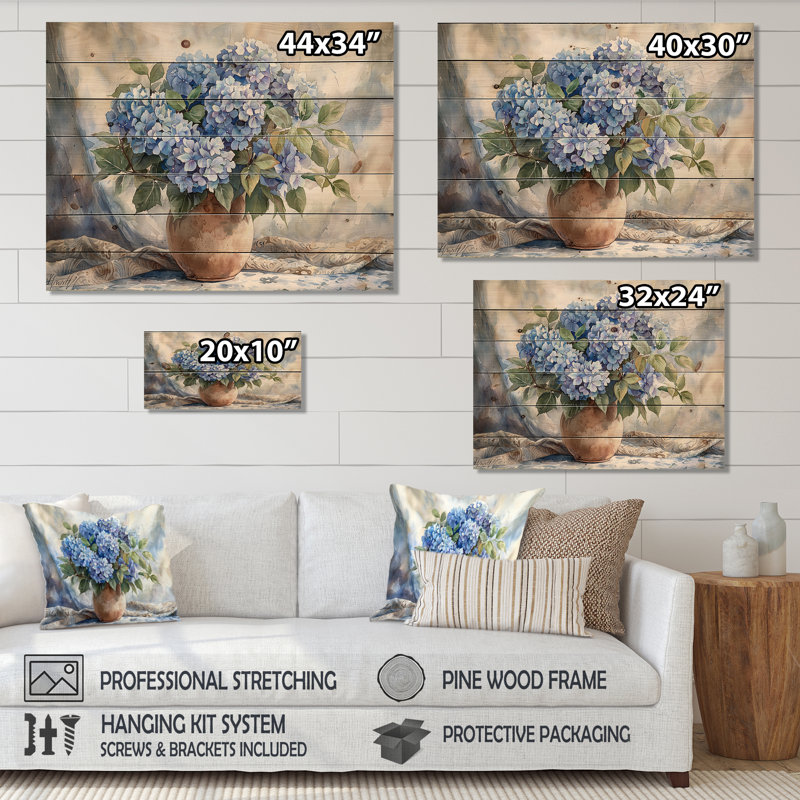 Hortensias dans un décor de rêve II - impression d'hortensias sur bois de pin naturel, H 30 po x l 40 po