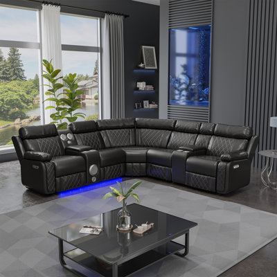 Power Recliner Sectional Couch with LED Light, Wide Air PU Leather Reclining Sectional Sofa with Bluetooth Speaker for Living Room