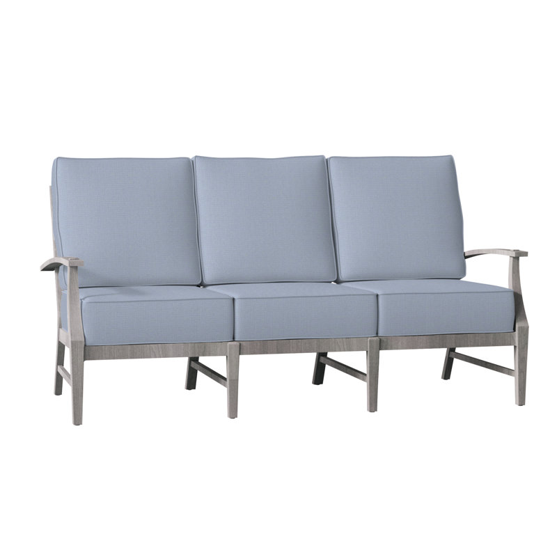 Croquet 75.75" Wide Outdoor Teak Patio Sofa with Cushions, Welt, Oyster Teak, Arbor Chambray Dove Sunbrella®