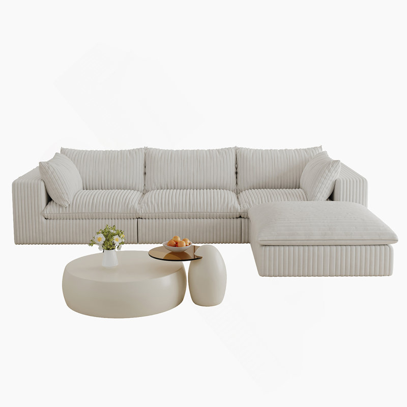 Boneless Cloud Sofa,Corduroy Fabric,Deep Seat Couches,Double-Layer Design,Removable Cushion, White