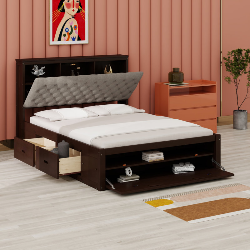 Lit plateforme en bois avec tête de lit, étagère à chaussures et tiroirs, Espresso