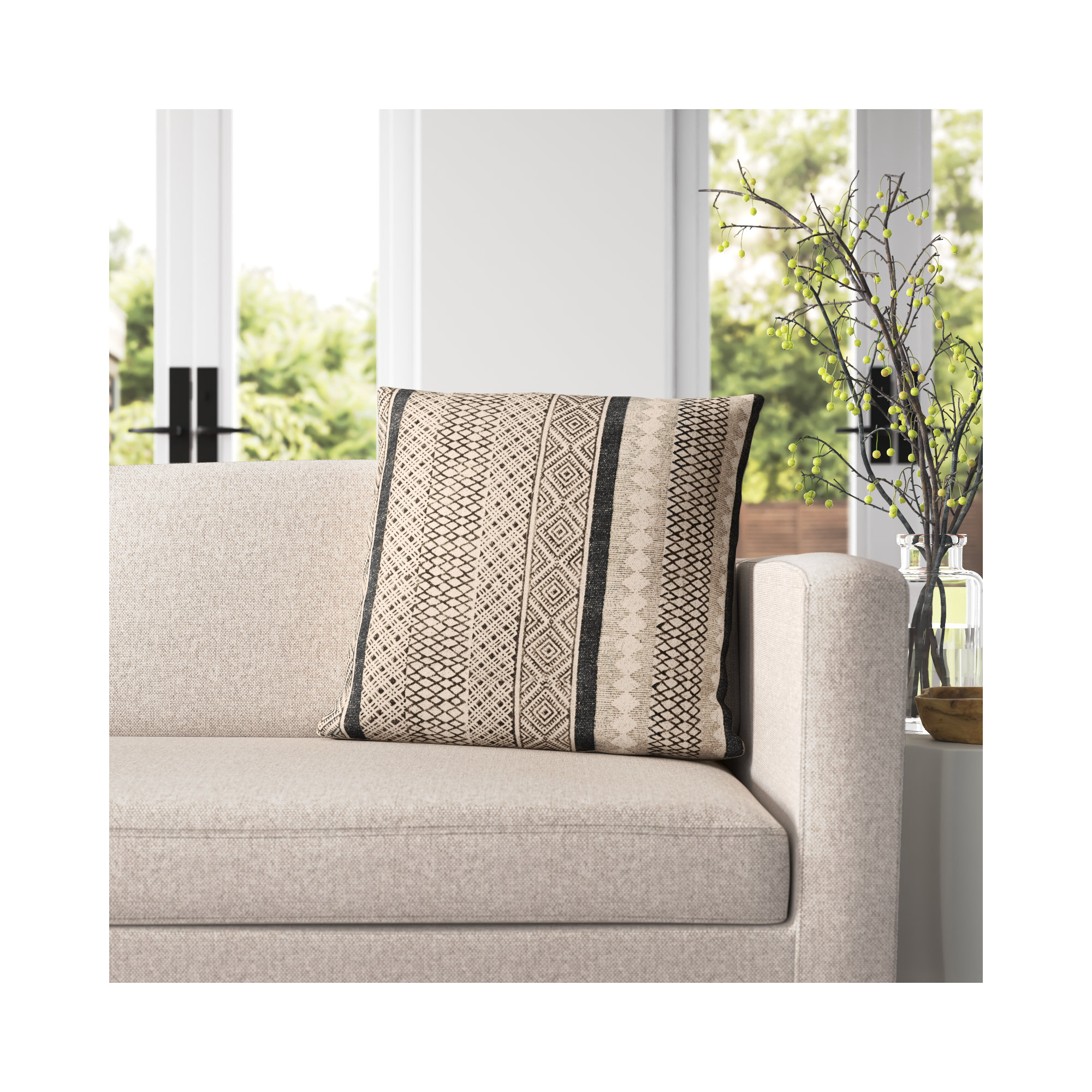 Zetta Geometric Cotton Throw Pillow, Light Beige/Black, 20" x 20", Polyester/Polyfill