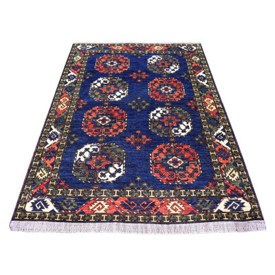 Tapis oriental 5 pi x 6 pi 10 po à motif d'éléphants afghans noué à la main bleu avec éclat de couleur 0C13CA2A056C42D08D03D204690AA32C