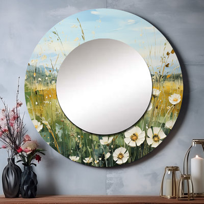 «Sadarius Meadow Whispers Of Spring III», miroir mural unique, art rond imprimé sur métal