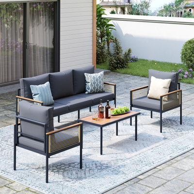 5-Piece Outdoor Patio Furniture Set, Metal Frame Conversation Set with HDPE Rope Armrests & Thick Cushions, All-Weather Patio Sofa Set with Coffee Table for Backyard, Garden, Indigo Ink
