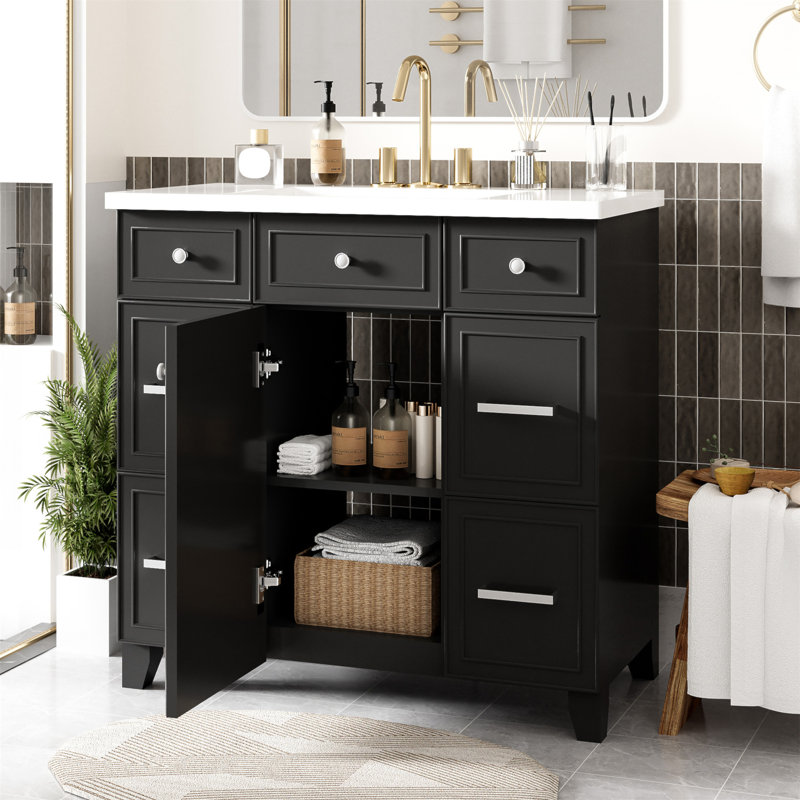 Meuble-lavabo 36 po avec lavabo, portes à fermeture douce et 3 tiroirs pour un rangement moderne et efficace, Noir