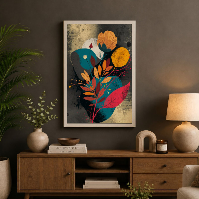 Geometric Bloom Botanical - Wrapped Canvas, 24x16 - 61.0 x 40.6 cm, Black Border