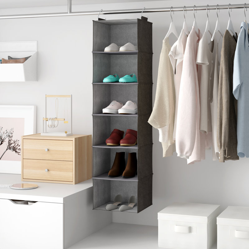 6-Shelf Linen Hanging Closet Organizer, Soft Polyester, Wide and Reinforced Shelving, Dual Hook System, Foldable, Stylish, Perfect for Rod or Wire Closets, Gray