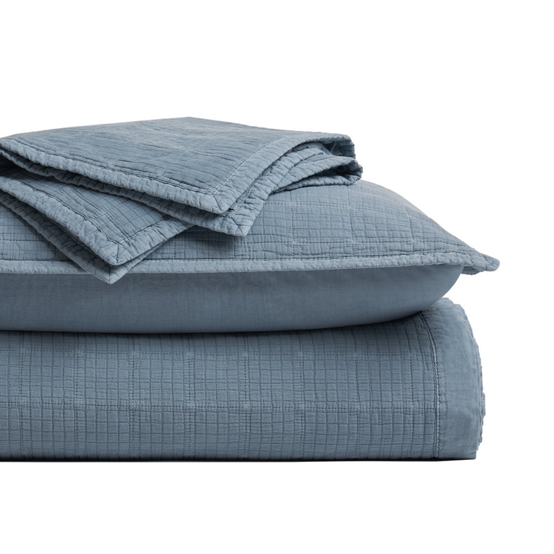 Stonewashed Crinkle Cotton Box Stitch Quilt Set, Sonoma Blue, Queen Quilt + 2 Queen Shams