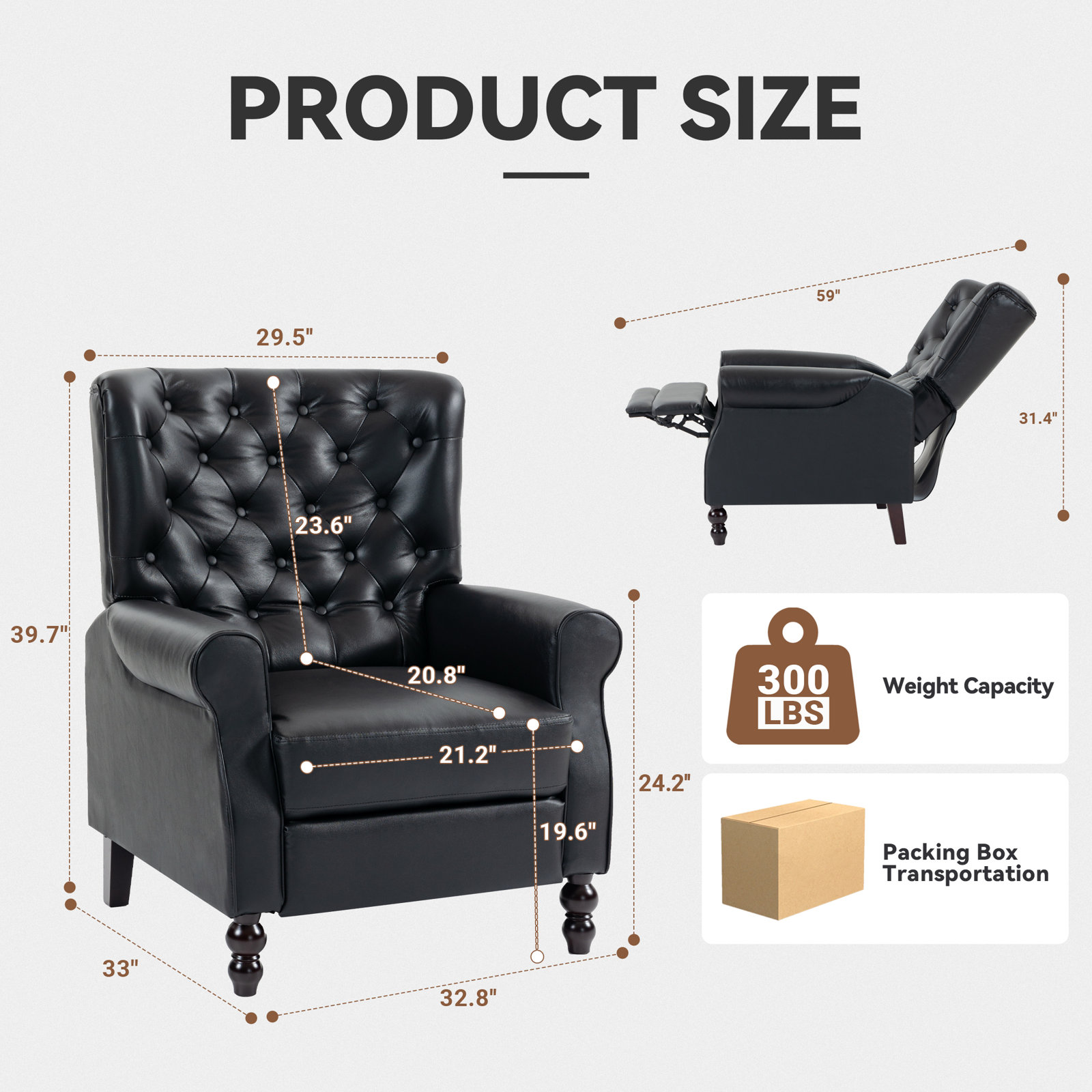 Amara 33" Genuine Leather Manual Recliner, Black