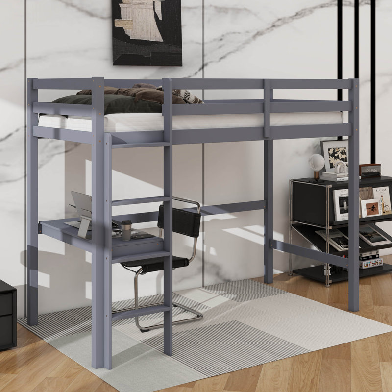 Lit mezzanine simple en bois d'hévéa avec barrière de sécurité, bureau intégré et échelle, Gris