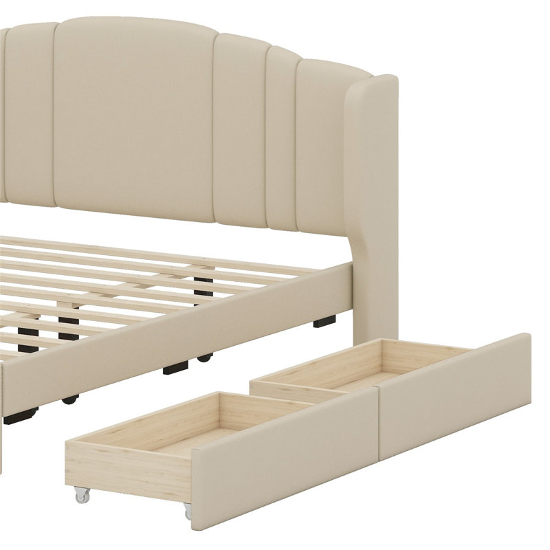 Lit plateforme tapissier avec tête de lit à oreilles, lit gigogne et tiroirs, Beige
