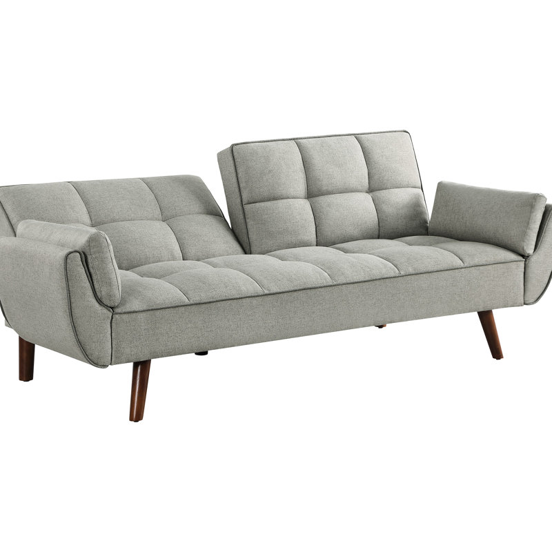Lit Mid-Century gris avec revêtement doux et pieds en finition noyer pour un accoudoir encastré en tissu de conception classique