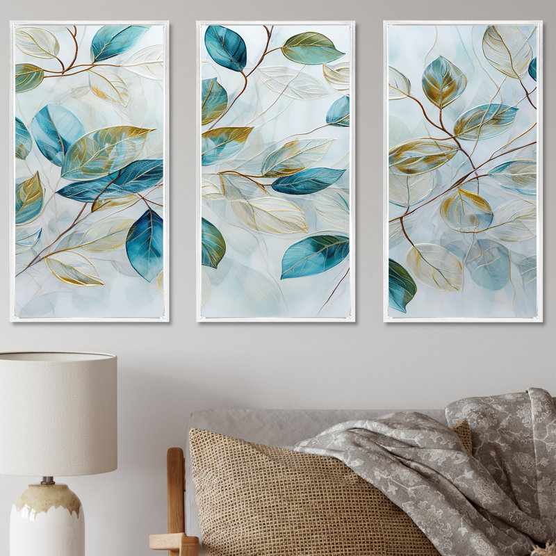 «Green Leaves Charm», art mural sur toile, feuilles, H 40 po x l 60 po x P 1 po, Cadre flottant blanc