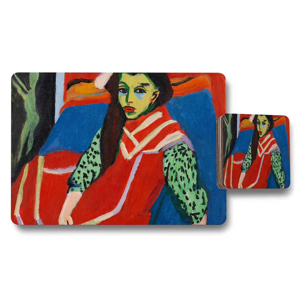 Colorful Abstract Woman in Red Placemat and Coaster Set Artwork