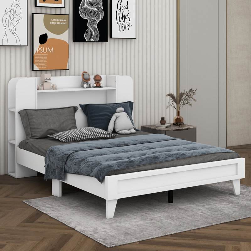 Lit plateforme en bois avec tête de lit Winston Porter Winston Porter Winston Porter, Lit simple, Blanc