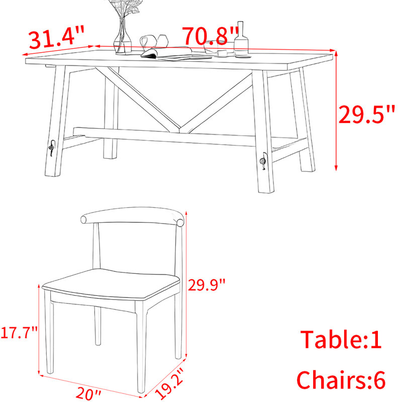 Japanese style all solid wood dining table set, 29.5"H x 70.8"L x 31.4"W
