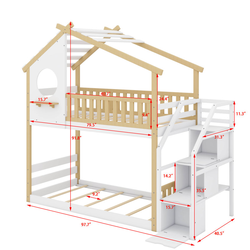 Charmant lit superposé simple au-dessus d'un lit simple, structure en forme de maison avec rangements et garde-corps de protection