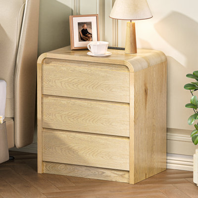 23.6" Mid-Century Modern Nightstand with Charging Station, 3 Drawer Wood Grain End Table with Curved Design