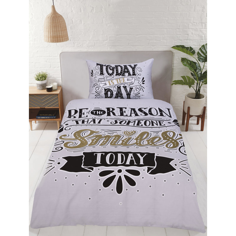 Fia Percale Graphic Print & Text Duvet Cover with Pillowcases, Single Duvet Cover + 1 Standard Pillowcase
