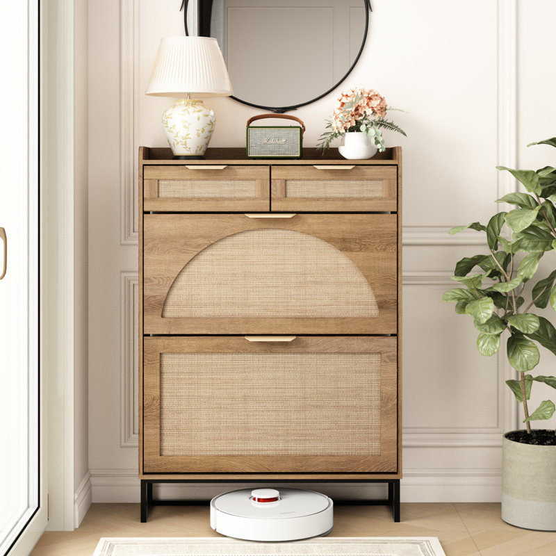 16 Pair Shoe Storage Cabinet with 2 Flip Drawers & 2 Storage Drawers Arched Fluted Design, Natural
