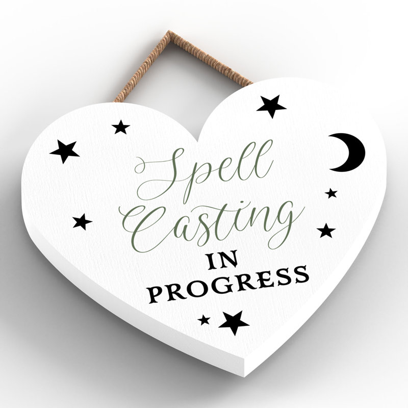Witch Spell Casting Wooden Heart Plaque, White, 10cm H x 9cm W x 0.5cm D