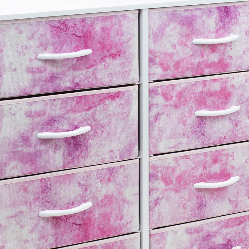 Loneta Sorbus Dresser with 8 Drawers with Steel Frame, Wood Top, and Fabric Bins in Tie-Dye, Pink/White