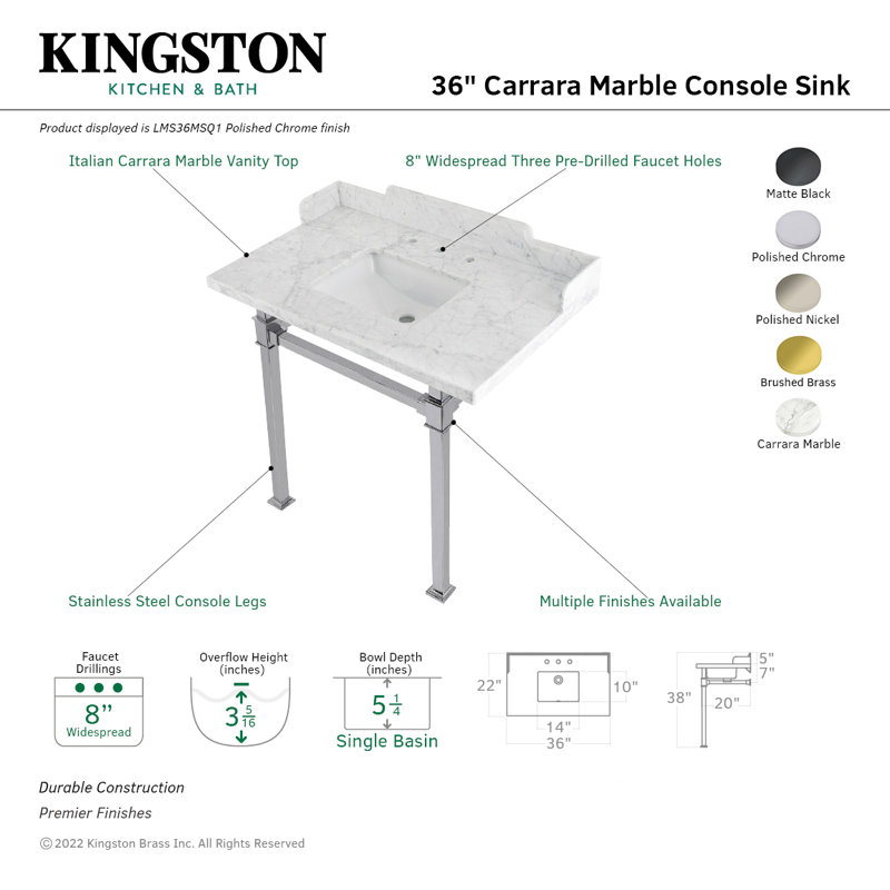 Kingston Brass Viceroy 36-Inch Carrara Marble Console Sink with Stainless Steel Legs (8-Inch, 3-Hole), Marble White/Silver