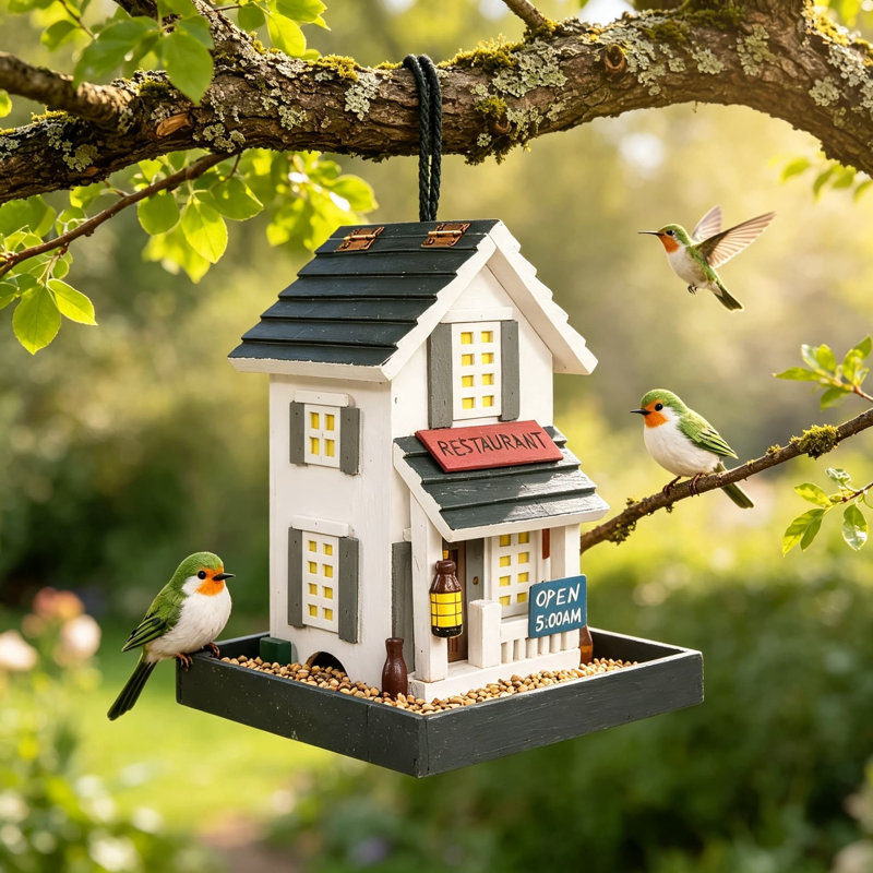 Mangeoire d'oiseaux en bois Nature's Elegance - Sanctuaire décoratif suspendu pour la faune