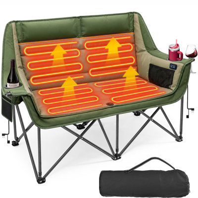 Fauteuil de camping chauffant double pour 2 personnes, canapé chauffant 4 zones avec 3 niveaux de chaleur, capacité de 300 kg, tissu Oxford 1200D, deux porte-gobelets et sac de transport
