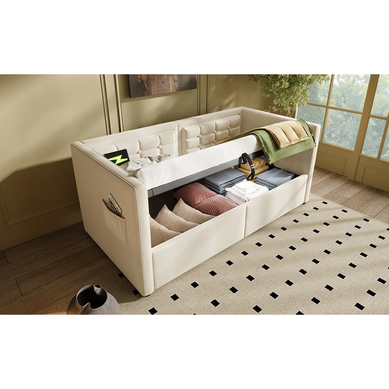 Twin Size Beige Velvet Upholstered Daybed With Hydraulic Storage, & Type - C Charging, Wooden Slats, And Back For A Comfort Filled Bedroom Storage Bed Frame, Back, Suitable Apartments